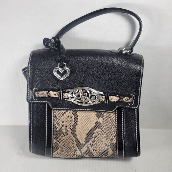 Brighton Handbags - Brighton Black Leather Snake Print Crossbody Handbag With Heart Charm